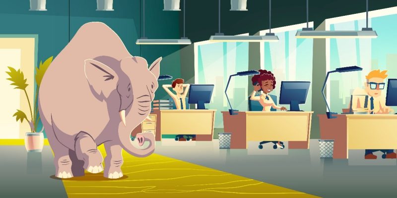 Animated image of an elephant in a workplace office with employees at their desks, symbolizing that most workers know common IT best practices, but they’re often overlooked in the day-to-day rush.