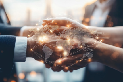 Animated image of a handshake with a map of the world and lights overlaid.