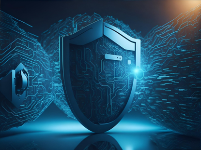 Animated shield with flowing lines of code, symbolizing managed IT and cybersecurity.