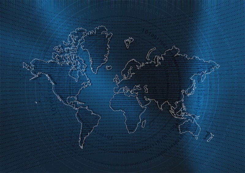 Image of a world map with a blue coding background to represent Creative Programs and Systems software development work.