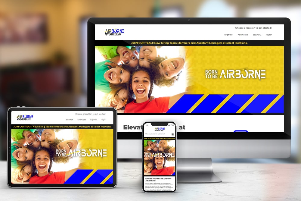 Responsive display of the 'Airborne Adventure' website redesign, constructed by CPS.