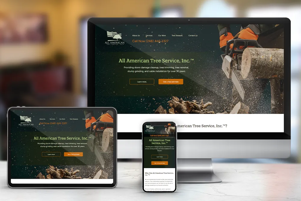 Responsive display of the ' All American Tree Service, Inc.™' website, created by CPS.