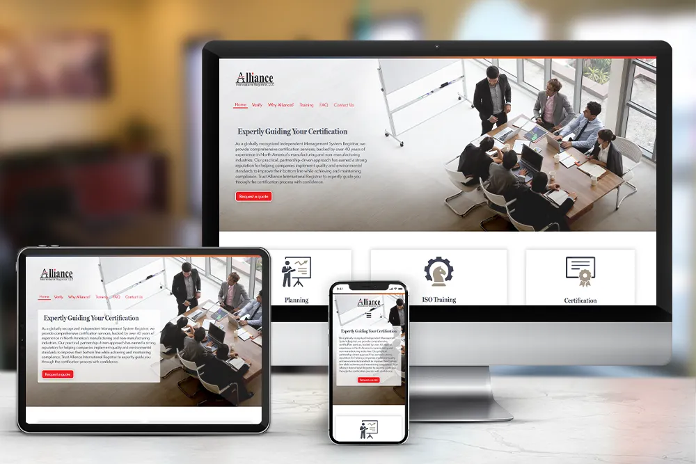 Responsive display of the 'Alliance Registrar' website, built by CPS.