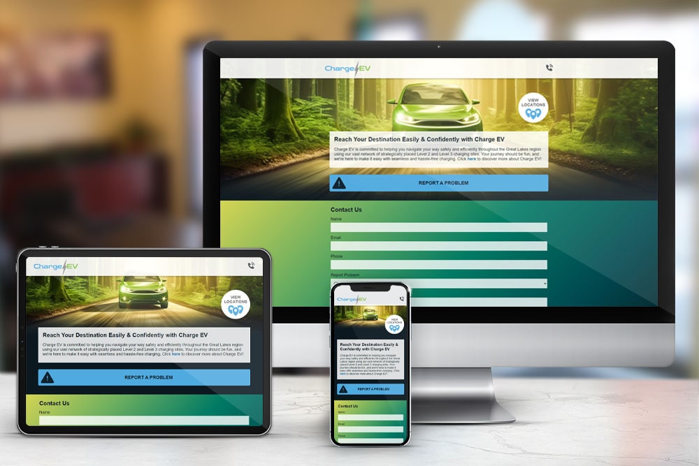 Responsive display of the 'Charge EV' website, created by CPS.