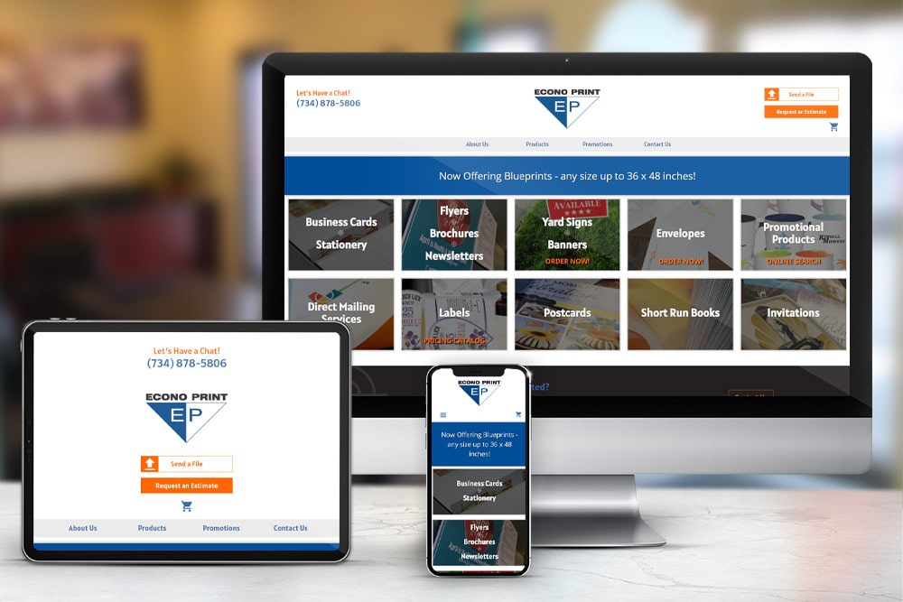 Responsive display of the 'Econo Print' e-commerce website, developed by CPS.