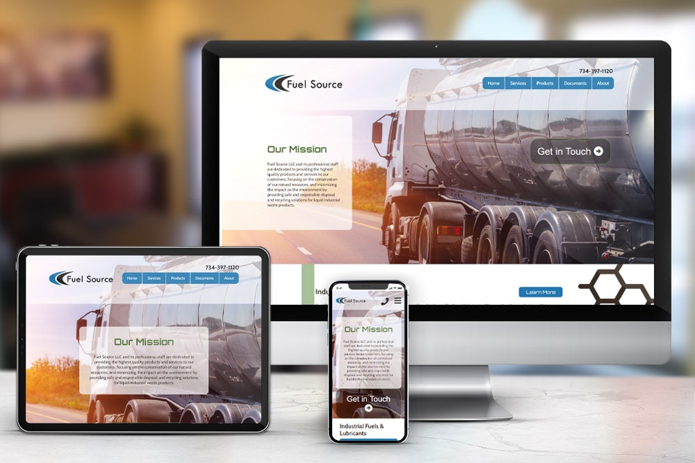 Responsive display of the 'Fuel Source' website design, created by CPS.