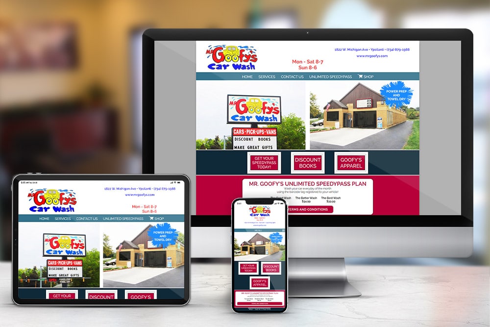 Responsive display of the 'Mr. Goofy's Car Wash' e-commerce website, bar scanner app, and CRM, developed by CPS.