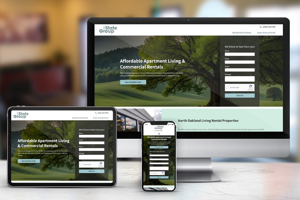 Responsive display of the 'State Grp. Management' website redesign, constructed by CPS.