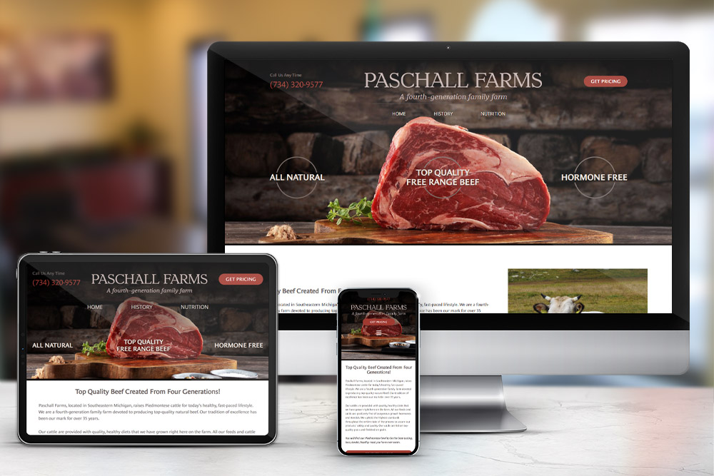 Responsive display of the 'Paschall Farms' website creation, developed by CPS.