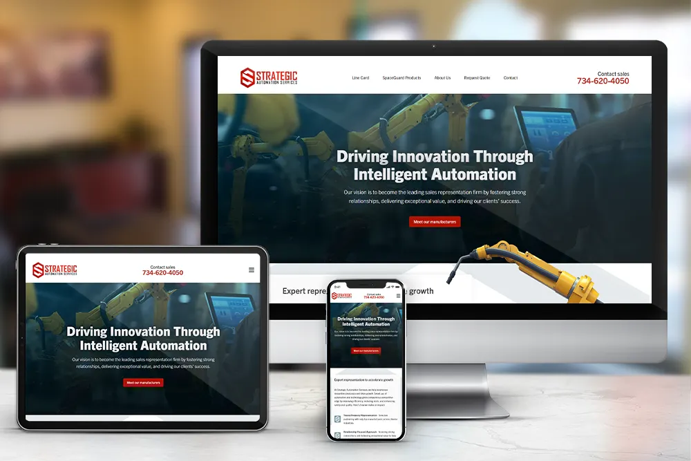 Responsive display of the 'Strategic Automation Services' website, built by CPS.