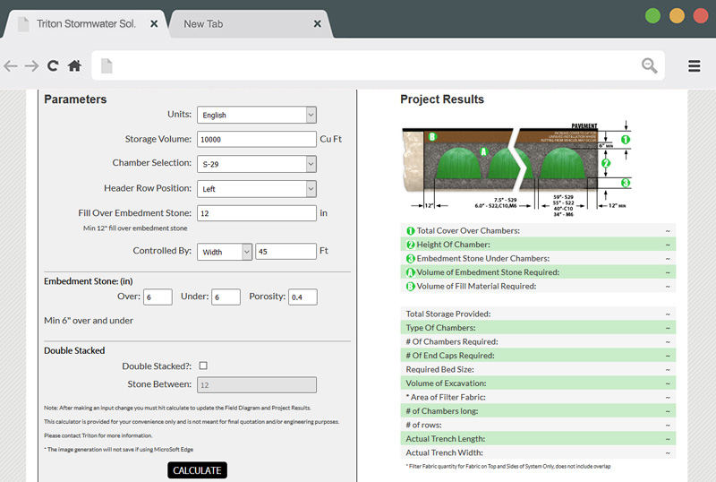 Image of Triton Stormwater Solutions online site calculator developed by CPS. 